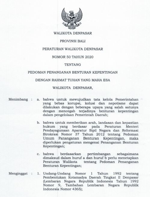 Peraturan Walikota Nomor 50 Tahun 2020 tentang Pedoman Penanganan Benturan Kepentingan