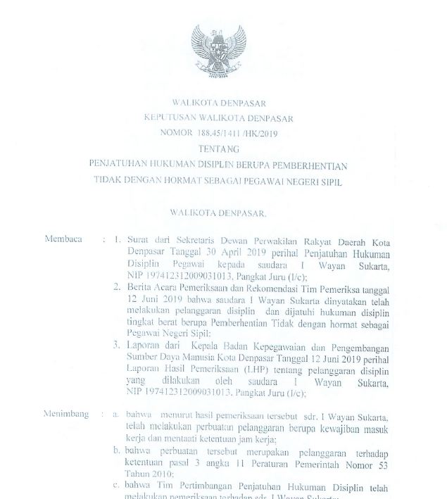 PENGUMUMAN Penjatuhan Hukuman Disiplin an. I Wayan Sukarta