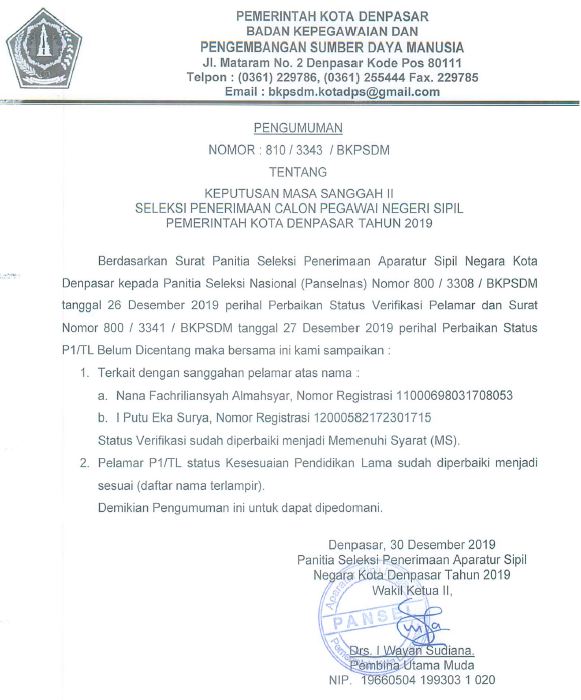 Pengumuman Keputusan Masa Sanggah II Seleksi Penerimaan CPNS Pemerintah Kota Denpasar Tahun 2019