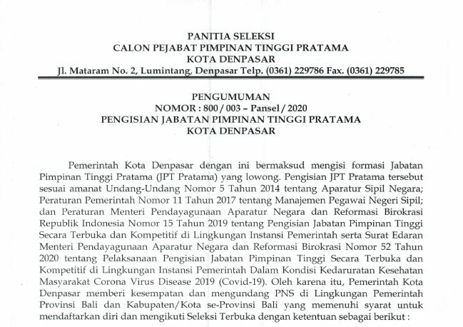 PENGUMUMAN PENGISIAN JABATAN PIMPINAN TINGGI PRATAMA KOTA DENPASAR