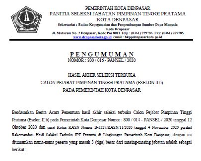 Hasil Akhir Seleksi Terbuka Calon Pejabat Pimpinan Tinggi Pratama (Eselon II.B) Pada Pemerintah Kota Denpasar