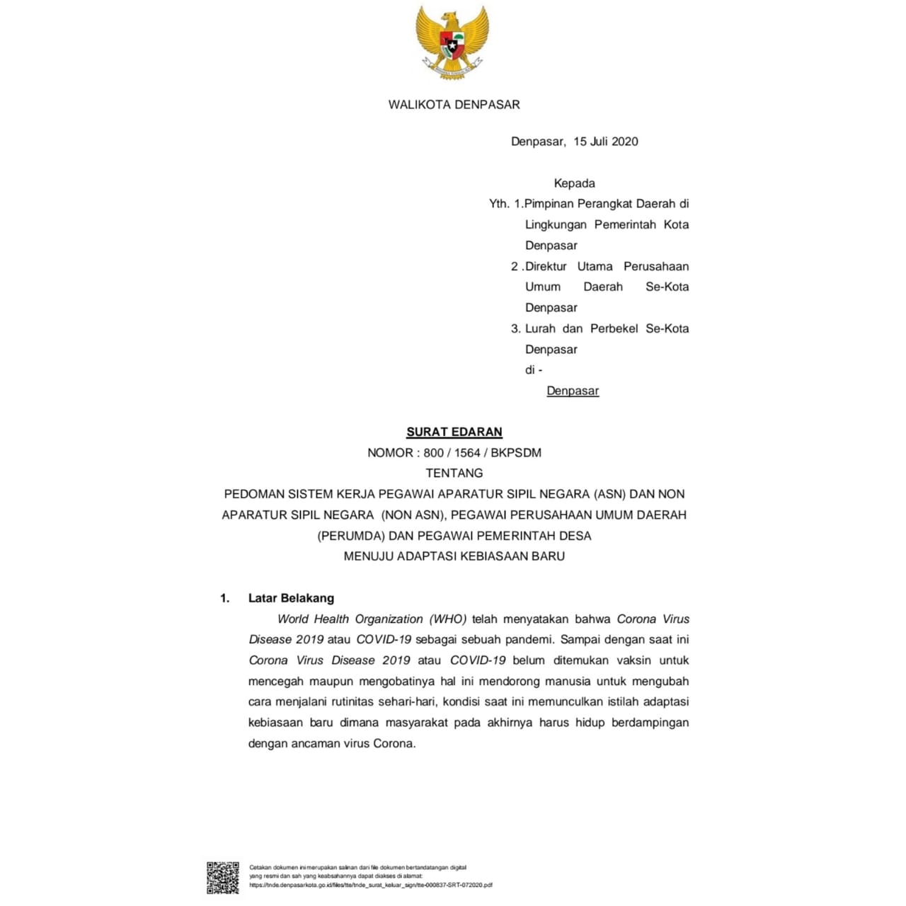 Pedoman Sistem Kerja Pegawai Menuju Adaptasi kebiasaan Baru