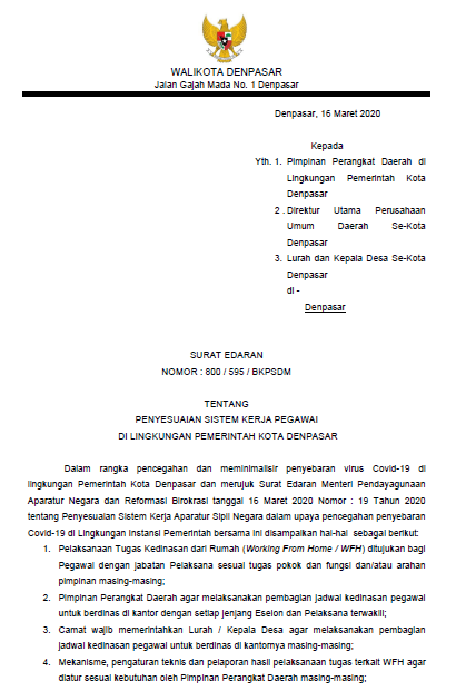 Penyesuaian Sistem Kerja Pegawai untuk mencegah dan meminimalisir penyebaran virus covid-19 di lingkungan pemerintah Kota Denpasar