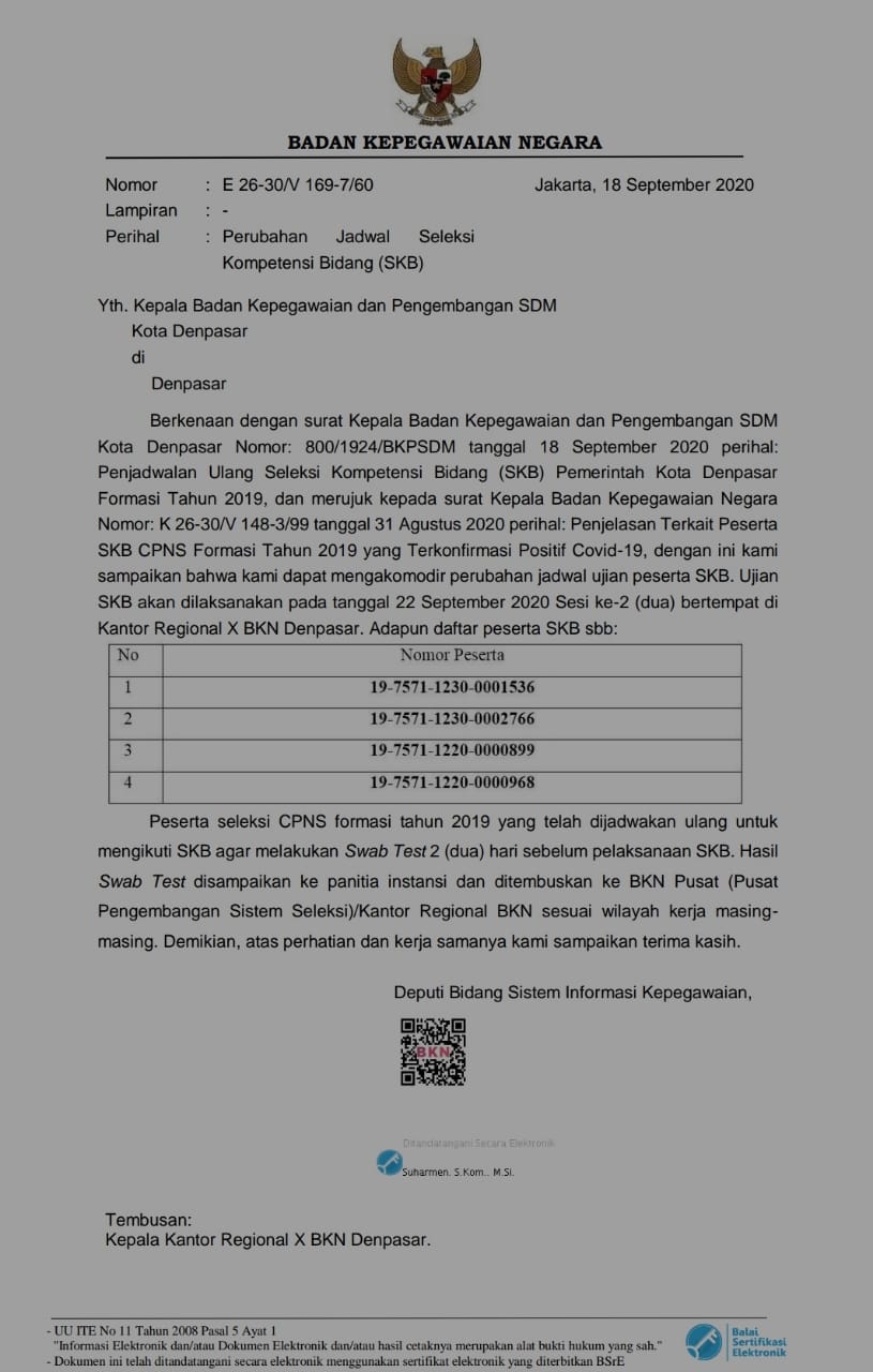 Pengumuman Jadwal Seleksi Kompetensi Bidang (SKB) Calon Pegawai Negeri Sipil Kota Denpasar Tahun 2019 yang Terkonfirmasi Positif Covid-19.