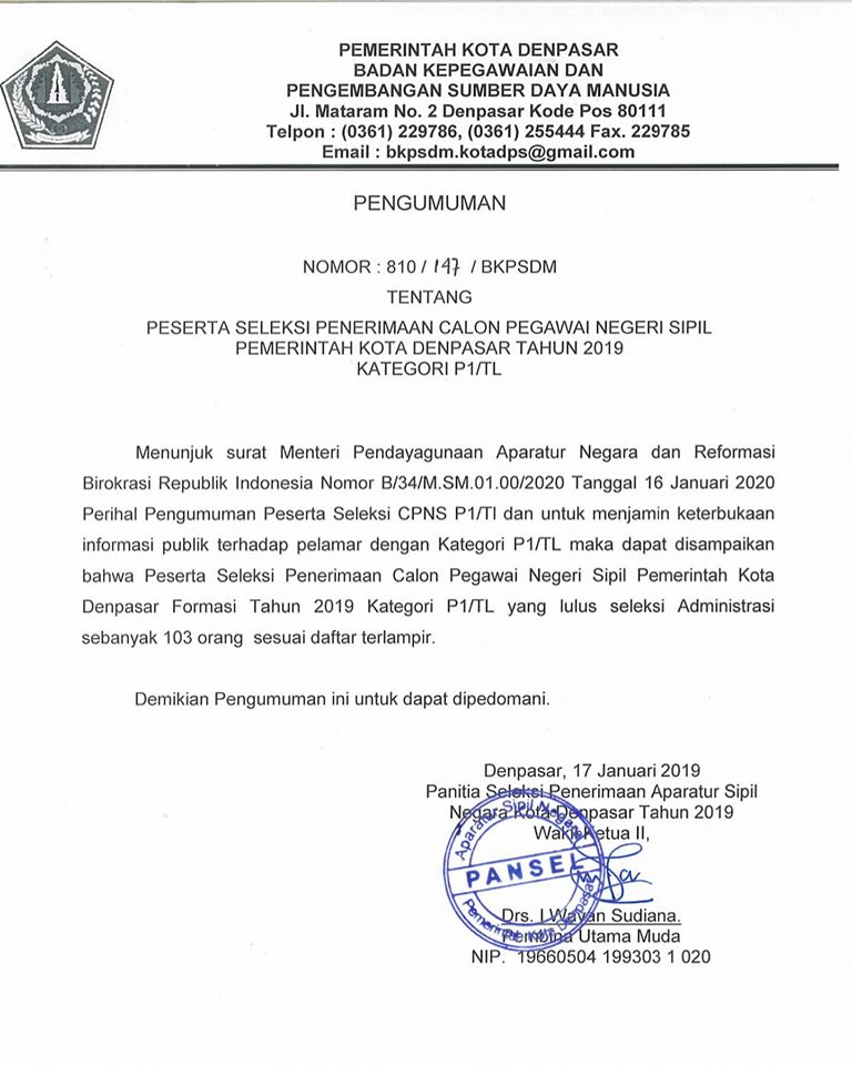 Pengumuman Peserta Seleksi P1/TL