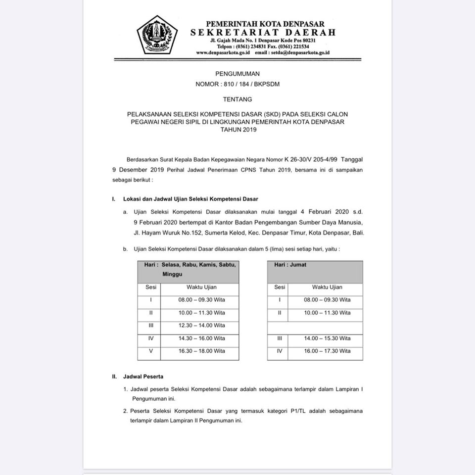 Pengumuman Jadwal dan Tata Tertib SKD Seleksi CPNS Kota Denpasar Tahun 2019