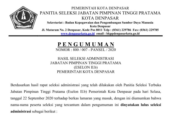Pengumuman Hasil Seleksi Administrasi Jabatan Pimpinan Tinggi Pratama (Eselon II.b) Pemerintah Kota Denpasar