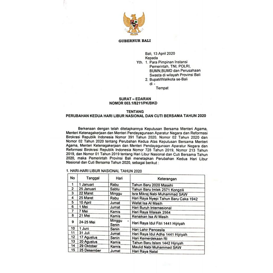 Hari Libur Nasional dan Cuti Bersama 2020
