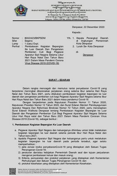 Pembatasan Kegiatan Bepergian Ke Luar Daerah Dan Pengetatan Pemberian Cuti Bagi Pegawai Aparatur Sipil Negara