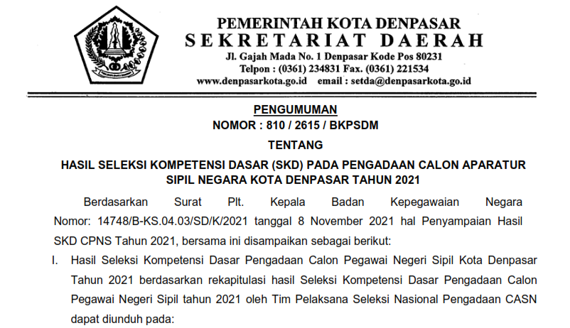 HASIL FIINAL SELEKSI KOMPETENSI DASAR (SKD) PADA PENGADAAN CALON APARATUR SIPIL NEGARA KOTA DENPASAR TAHUN 2021