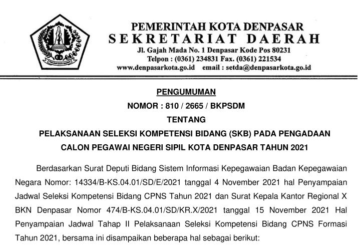 PENGUMUMAN JADWAL SKB CPNS KOTA DENPASAR TAHUN 2021