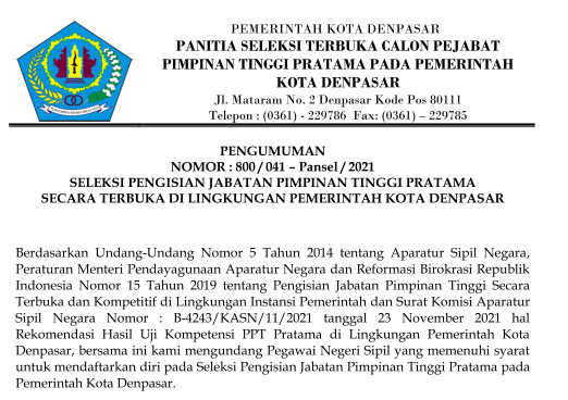 SELEKSI PENGISIAN JABATAN PIMPINAN TINGGI PRATAMA   SECARA TERBUKA DI LINGKUNGAN PEMERINTAH KOTA DENPASAR